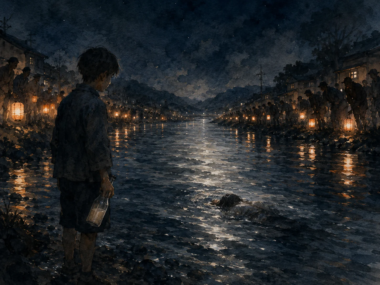提灯の光が川面を照らし、人々が岸辺に集まっている夜の川