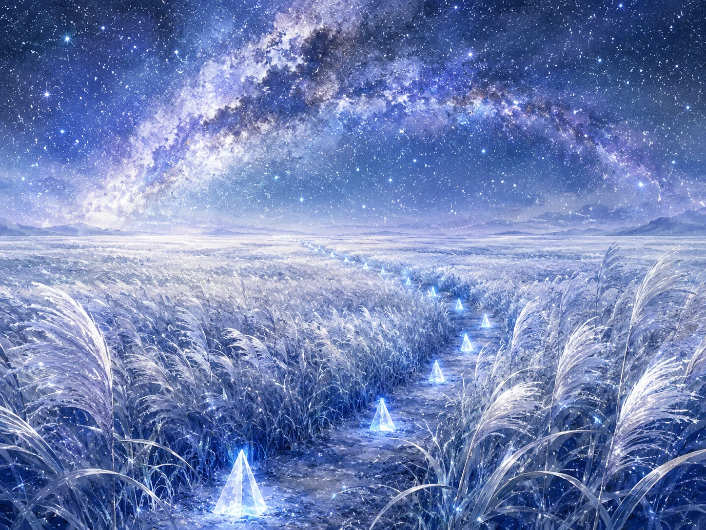 銀色の芒が果てしなく広がる星の野原、三角標が青白く光る