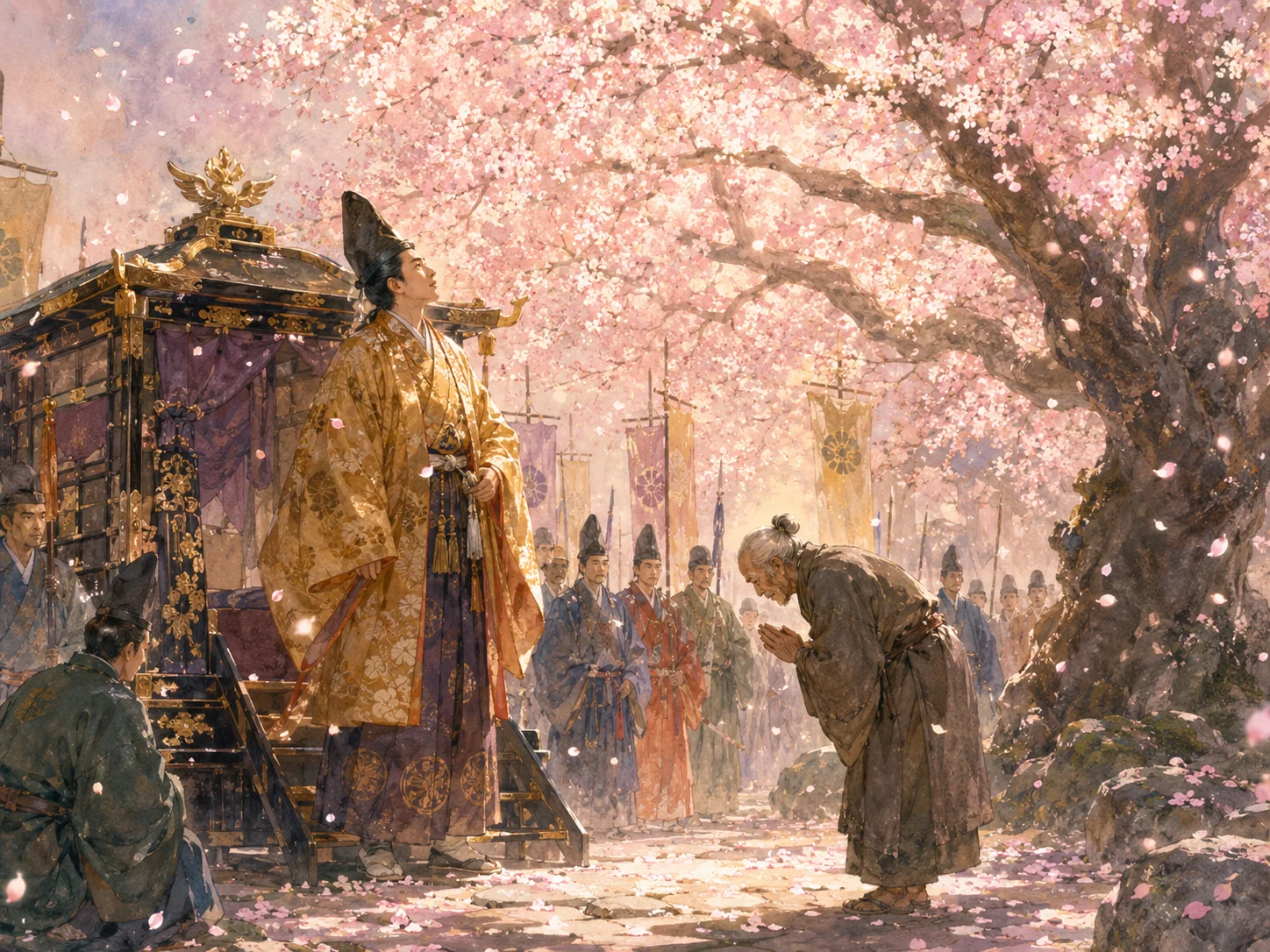 満開の桜の下、殿様の行列がおじいさんに褒美を授ける