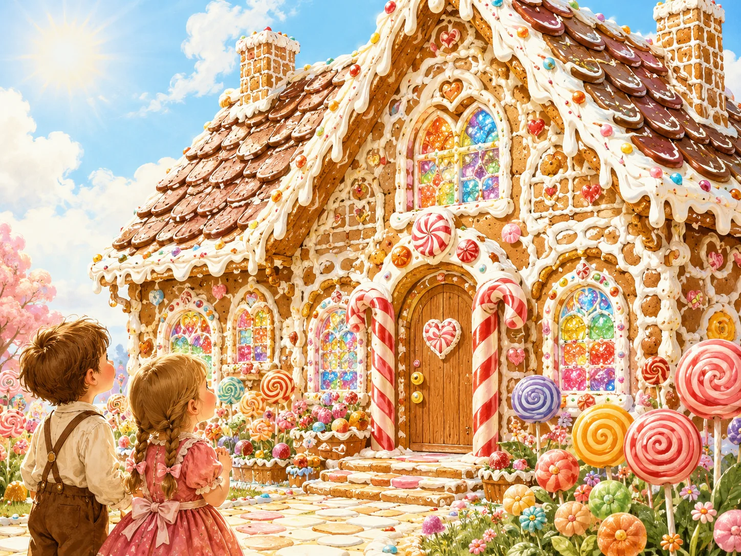 森の中に現れたお菓子の家を見つめるヘンゼルとグレーテル