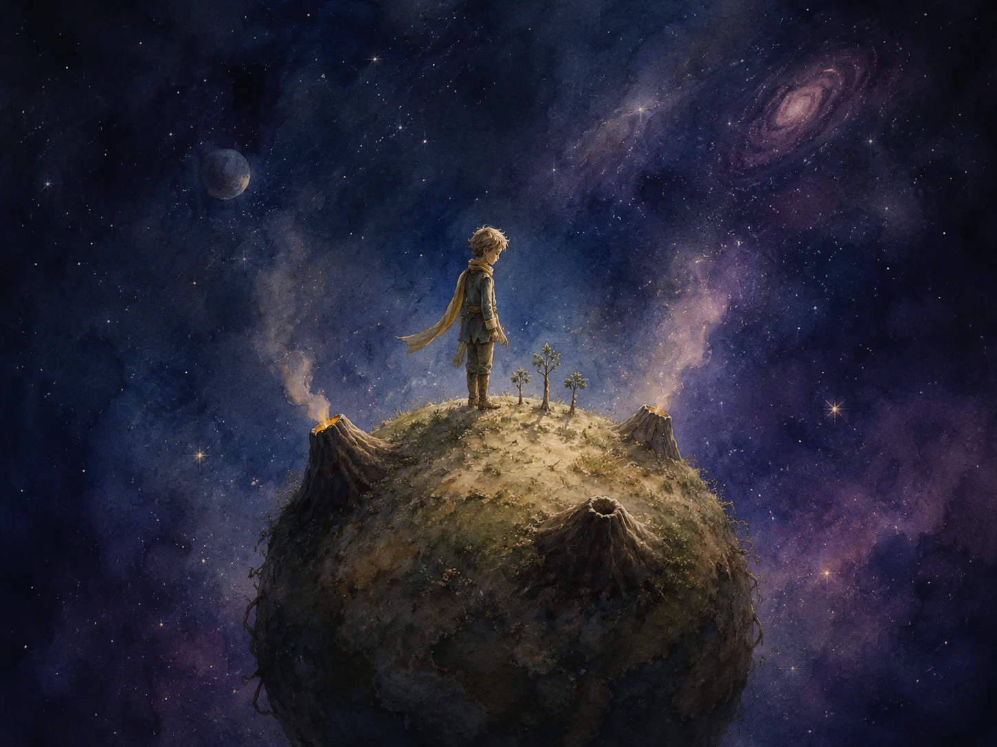 小惑星B-612の上に立つ小さな王子さまと三つの火山