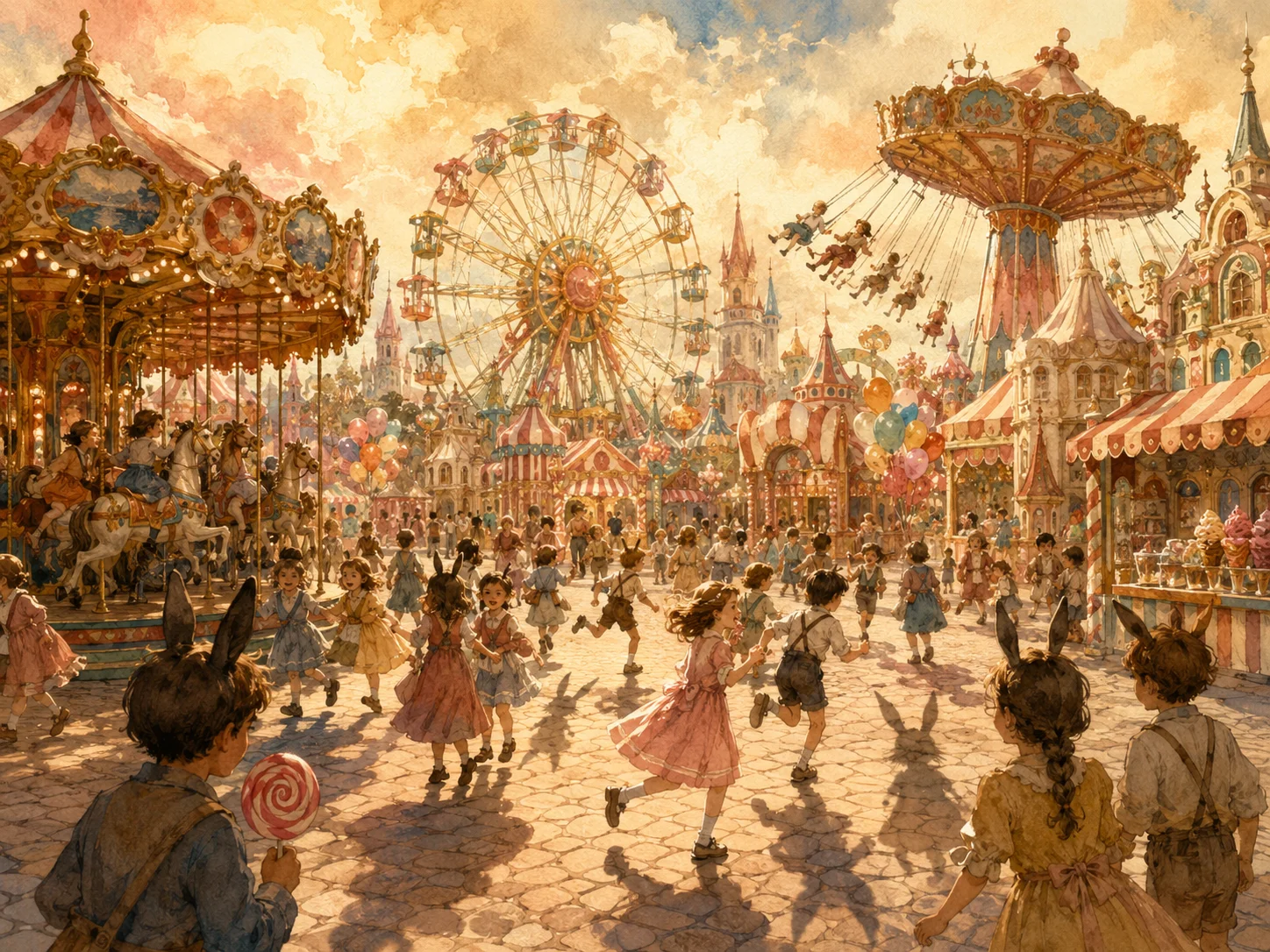 色鮮やかだがどこか不穏なおもちゃの国で遊び続ける子どもたち