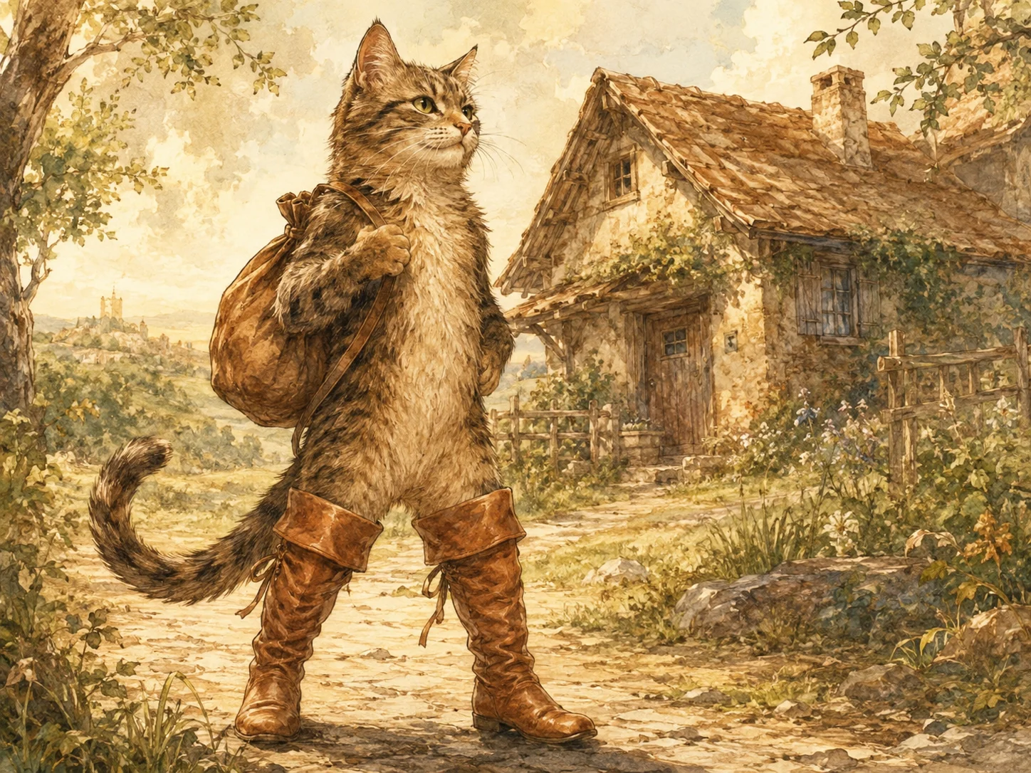 長靴を履き、袋を肩にかけて堂々と立つ猫