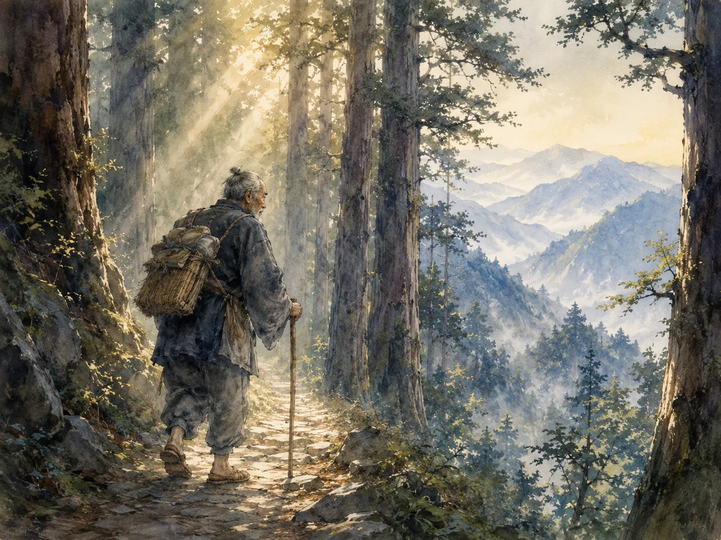 深い山道を一人歩くおじいさん。木漏れ日が差し、遠くに山並みが続く