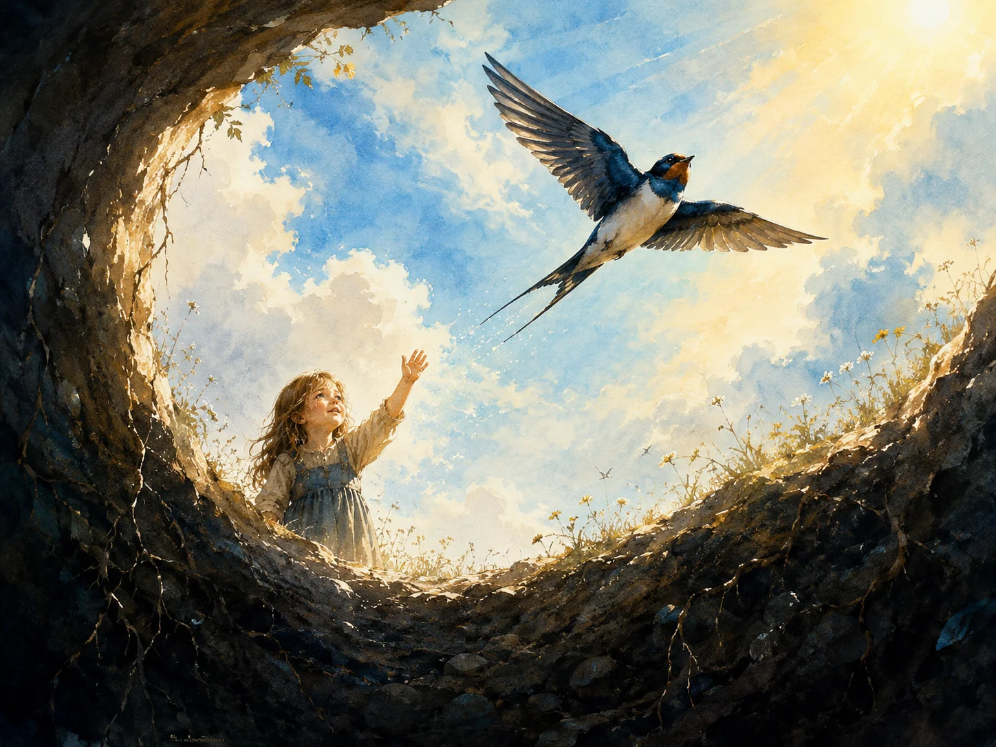 親指姫が看病した燕が、地下から青空へ飛び立つ瞬間